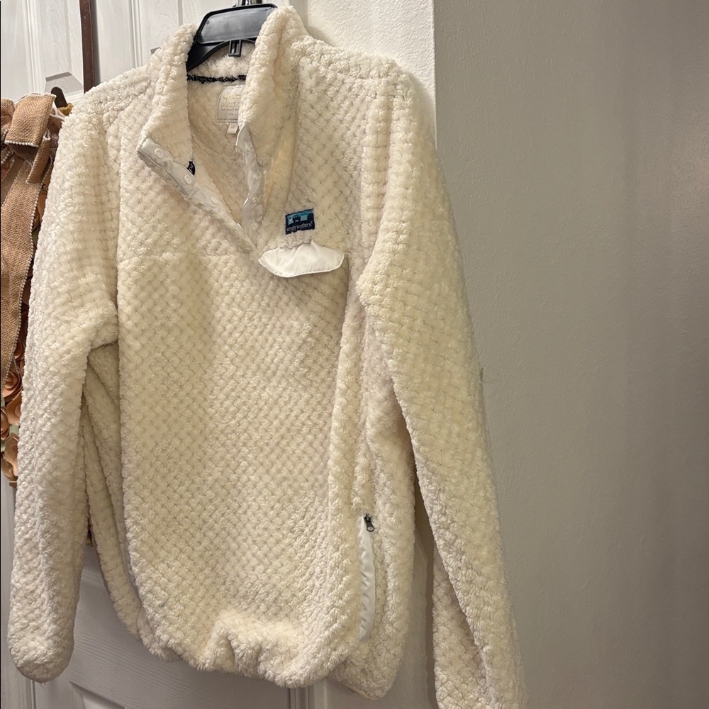 Simply Southern Fuzzy Fleece Pullover Jacket Snap 1/4 Winter White Cream Size XL